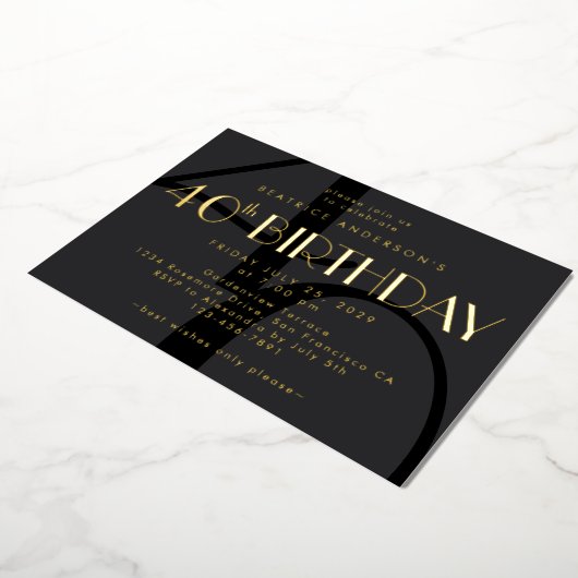 ミニマモダンリストブラック40歳の誕生日金ゴールド 箔招待状 (回転した状態)