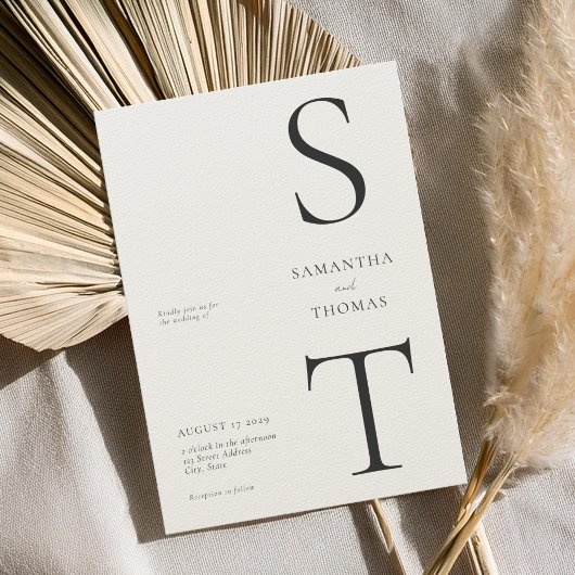 ミニマモダンリストブラック&ベージュ色モノグラム結婚ズ 招待状