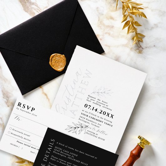 ミニマモダンリストブラック&ホワイト結婚ズシルバー 箔招待状