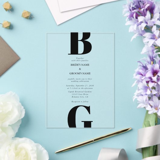 ミニマモダンリストブラック&モノグ澄んラム結婚ズ アクリル招待状 (インサイチュ (ウェディング))