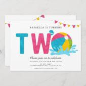 ミニマモダンリストプールパーティーガールセカンド誕生日 招待状 (正面/裏面)