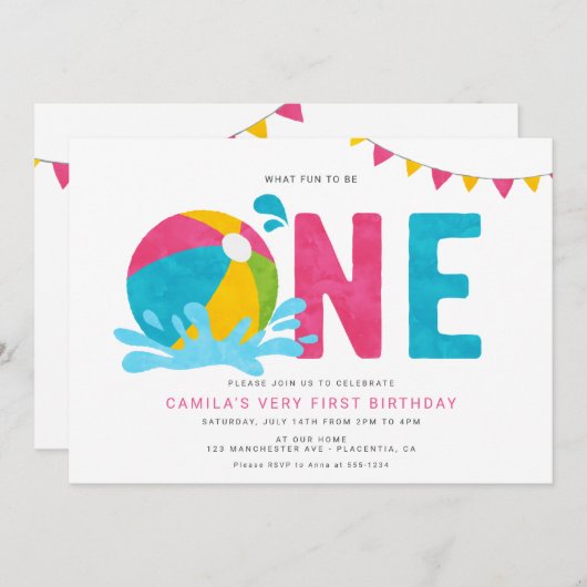 ミニマモダンリストプールパーティーガールファースト誕生日 招待状 (正面/裏面)