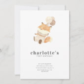 ミニマモダンリストベビーキツネ&フォトファースト誕生日 招待状 (正面)