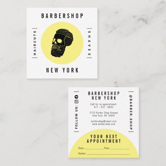 ミニマモダンリストホワイトイエロー理容師ショップスカル 予約カード (正面/裏面)