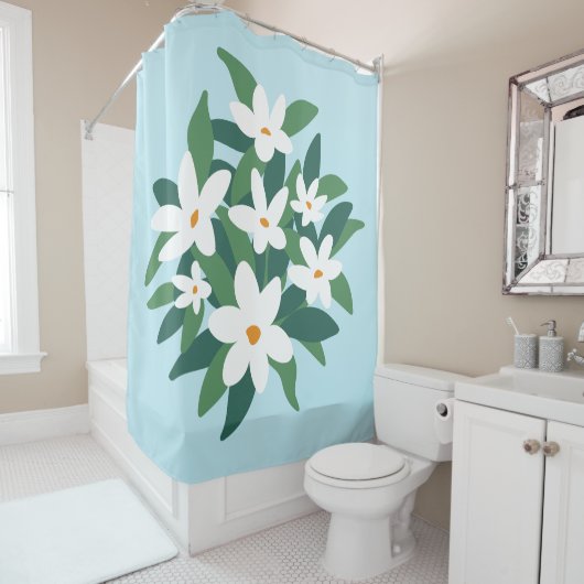 ミニマモダンリストホワイトジャスミンフローラオンブルー シャワーカーテン (インサイチュ)