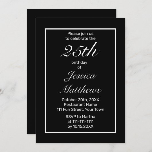 ミニマモダンリストホワイトブラックカスタム誕生日 招待状 (正面/裏面)