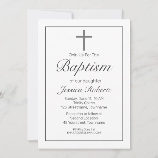 ミニマモダンリストホワイトブラックバプテスマ招待状 招待状 (正面)