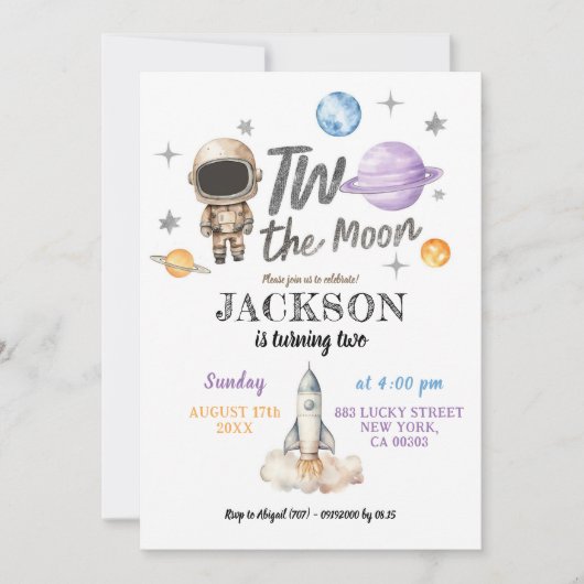 ミニマモダンリストボーイプラネットツーザムーン誕生日 招待状 (正面)