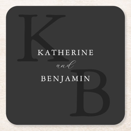 ミニマモダンリストマットブラックモノグラム結婚ズ スクエアペーパーコースター (正面)