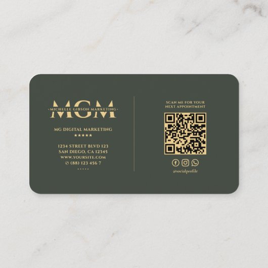 ミニマモダンリストマーケティンググリーンモノグラムQR 名刺 (裏面)