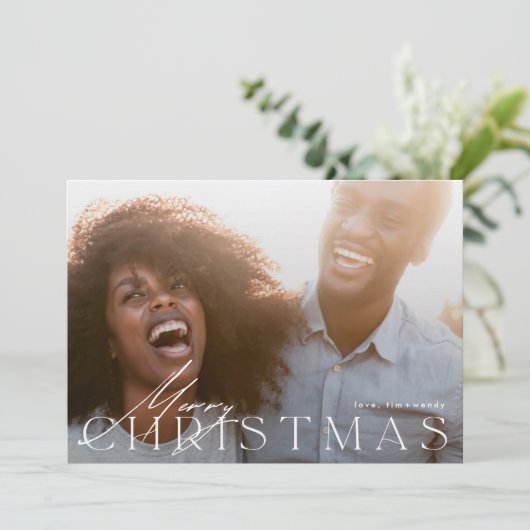 ミニマモダンリストメリーワンフォトクリスマス シーズンカード (スタンド正面)
