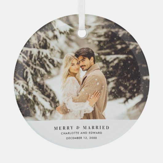 ミニマモダンリストメリー写真&結婚した ガラスオーナメント (正面)