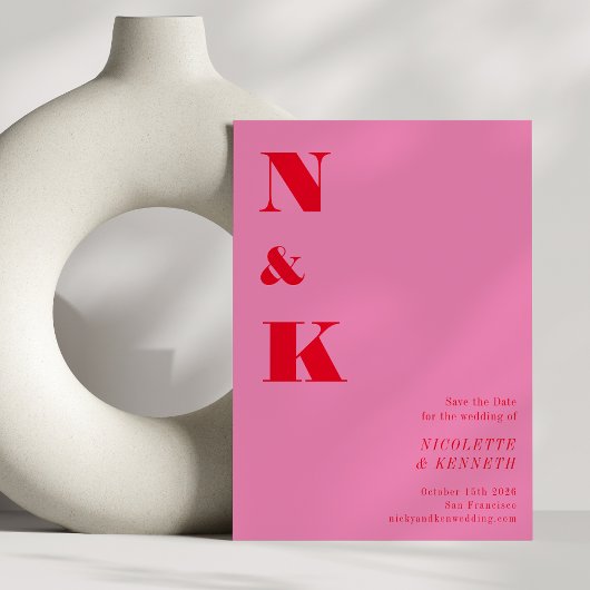 ミニマモダンリストモノグラムはっきりしたピンク結婚レッド セーブザデート