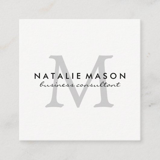 ミニマモダンリストモノグラムグレーオンホワイト スクエア名刺 (正面)