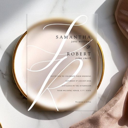 ミニマモダンリストモノグラムブラック&ホワイト結婚ズ アクリル招待状