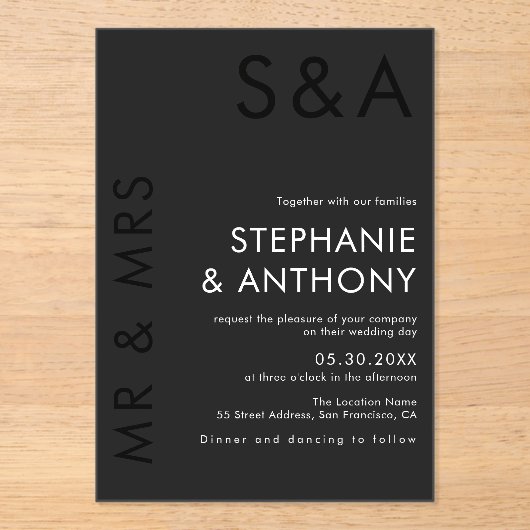 ミニマモダンリストモノグラムブラック&ホワイト結婚ズ アクリル招待状 (正面)