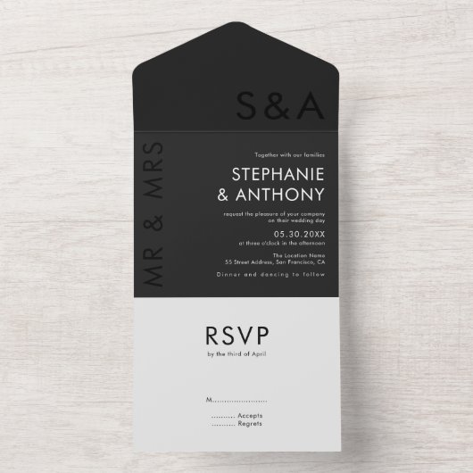 ミニマモダンリストモノグラムブラック&ホワイト結婚ズ オールインワン招待状 (内側)