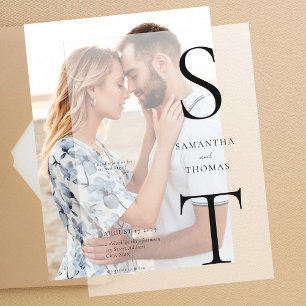 ミニマモダンリストモノグラム結婚ズ ベラム紙招待状