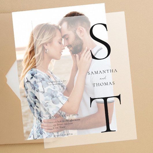 ミニマモダンリストモノグラム結婚ズ ベラム紙招待状