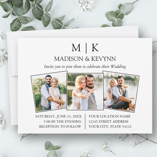 ミニマモダンリストモノグラム3写真結婚の 招待状