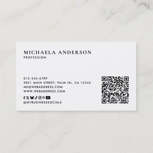 ミニマモダンリストモノグラムQRコードおよびソーシャルメディア 名刺 (裏面)