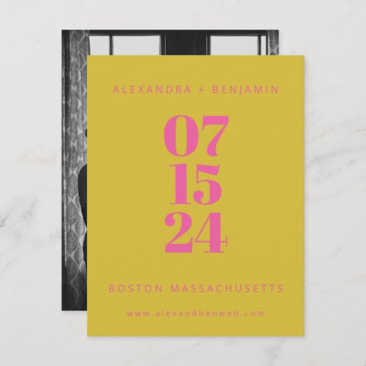 ミニマモダンリストユニークピンクイエローフルフォト セーブザデート (正面/裏面)