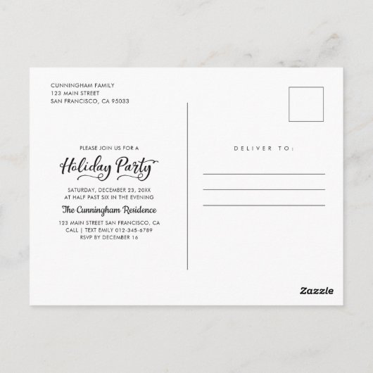 ミニマモダンリストリースホリデーパーティー招待状 ポストカード (裏面)