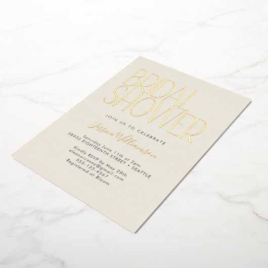 ミニマモダンリストレトロブライダルシャワー金ゴールド 箔招待状 (回転した状態)