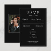 ミニマモダンリストワンフォトブラック新聞スタイル 出欠カード (正面/裏面)