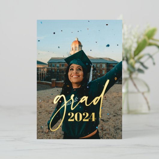 ミニマモダンリスト写真の卒業発表 箔招待状 (立ち正面)