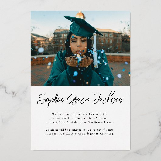 ミニマモダンリスト写真の卒業発表 箔招待状 (裏面)