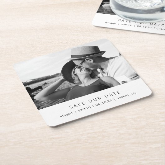 ミニマモダンリスト写真ウェディング日付を保存 スクエアペーパーコースター (アングル)