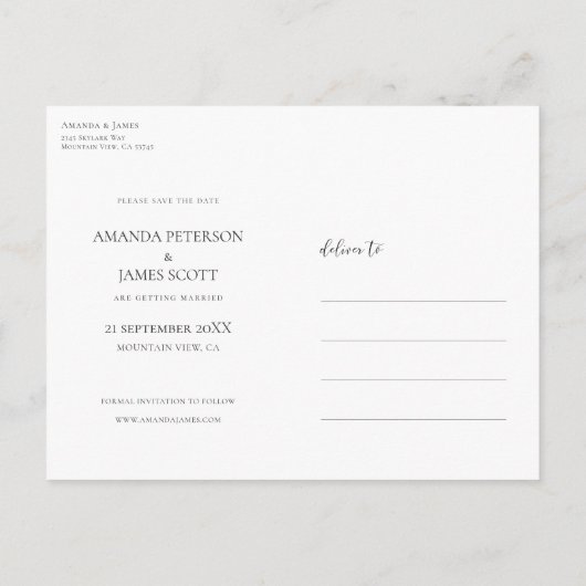 ミニマモダンリスト写真ウェディング日付を保存 案内ポストカード (裏面)