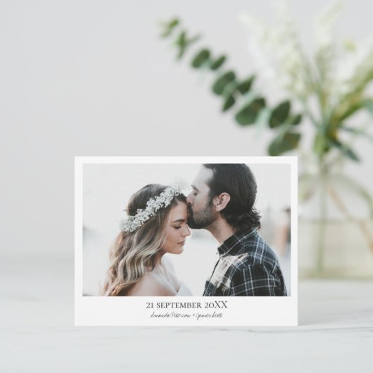 ミニマモダンリスト写真ウェディング日付を保存 案内ポストカード (スタンド正面)