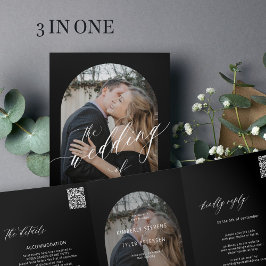 ミニマモダンリスト写真ウェディングrsvp詳細ブラック 三つ折り招待状