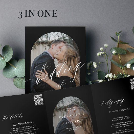 ミニマモダンリスト写真ウェディングrsvp詳細ブラック 三つ折り招待状