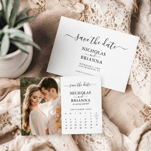 ミニマモダンリスト写真カレンダー白結婚の セーブザデート