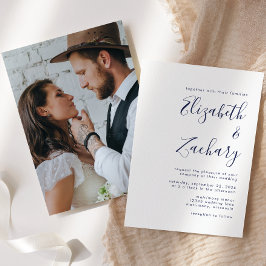 ミニマモダンリスト写真ネイビーブルー結婚スクリプト 招待状