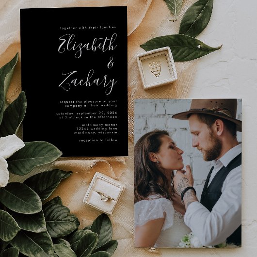 ミニマモダンリスト写真白黒結婚ズ 招待状