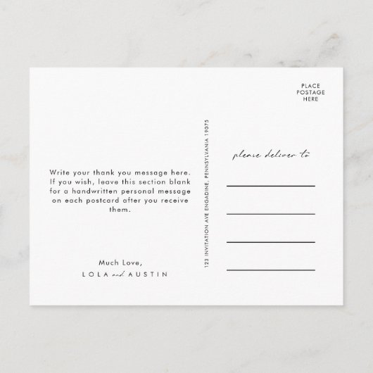 ミニマモダンリスト写真結婚の感謝ポストカード ポストカード (裏面)