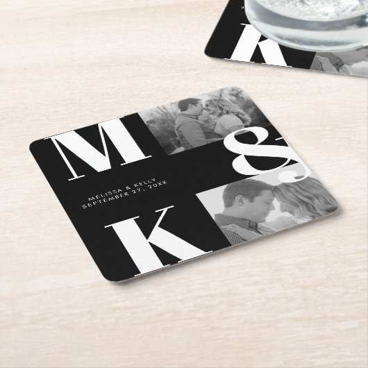 ミニマモダンリスト写真結婚モノグラムはっきりした スクエアペーパーコースター