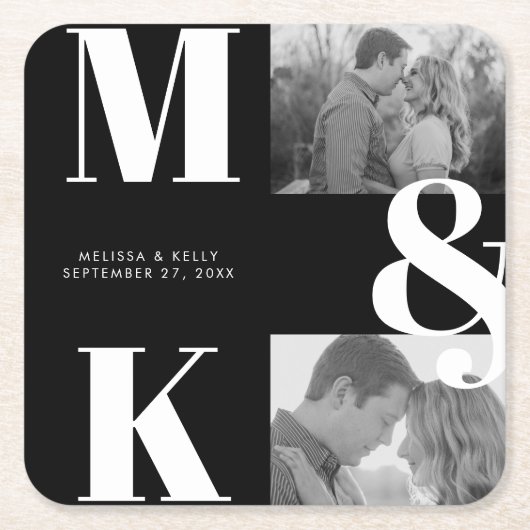 ミニマモダンリスト写真結婚モノグラムはっきりした スクエアペーパーコースター (正面)