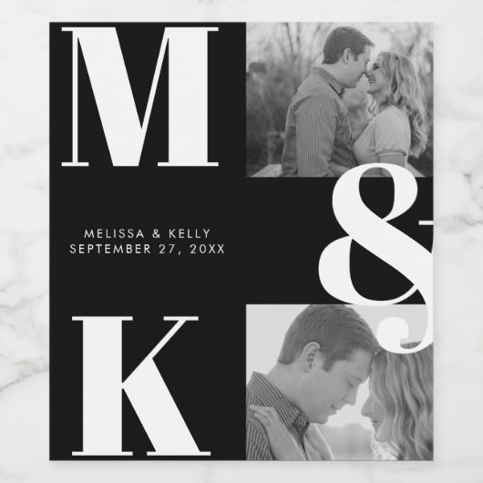 ミニマモダンリスト写真結婚モノグラムはっきりした ワインラベル (シングルラベル)