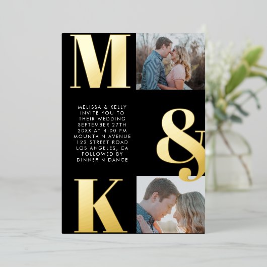 ミニマモダンリスト写真結婚モノグラムはっきりした 箔招待状 (立ち正面)