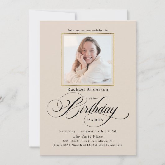 ミニマモダンリスト写真誕生日パーティー 招待状 (正面)