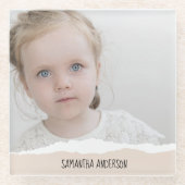 ミニマモダンリスト写真&パーソナライズ文字ピンク ガラスコースター (正面)