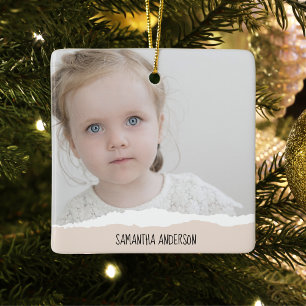 ミニマモダンリスト写真&パーソナライズ文字ピンク セラミックオーナメント