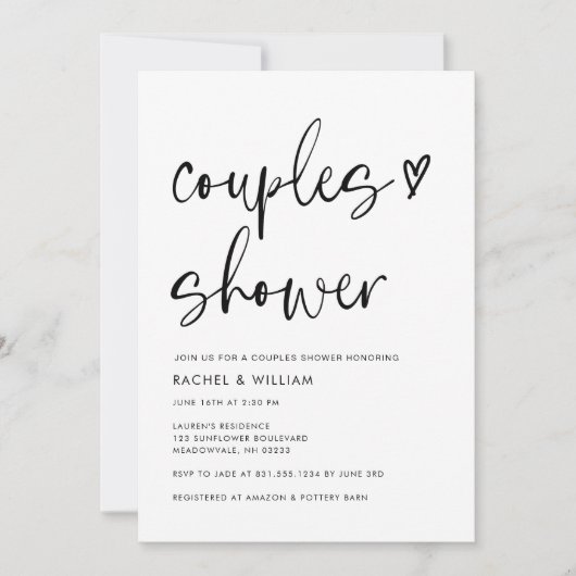 ミニマモダンリスト写真QRコードカップルのシャワー 招待状 (正面)