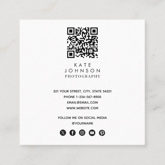 ミニマモダンリスト写真QRコードソーシャルメディア スクエア名刺 (裏面)