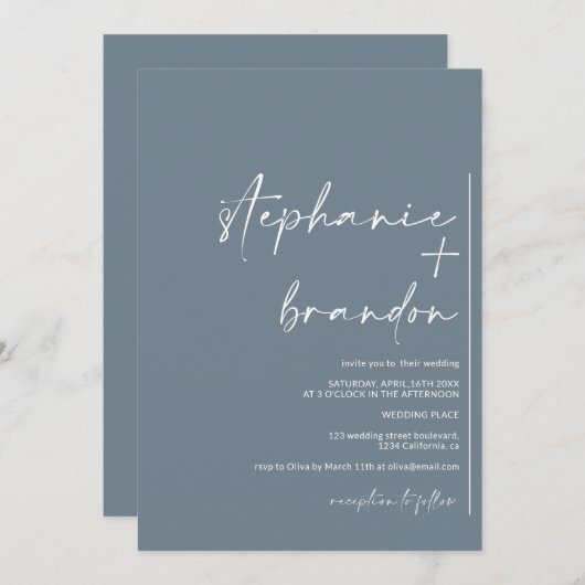 ミニマモダンリスト名の書道ブルー結婚ー 招待状 (正面/裏面)